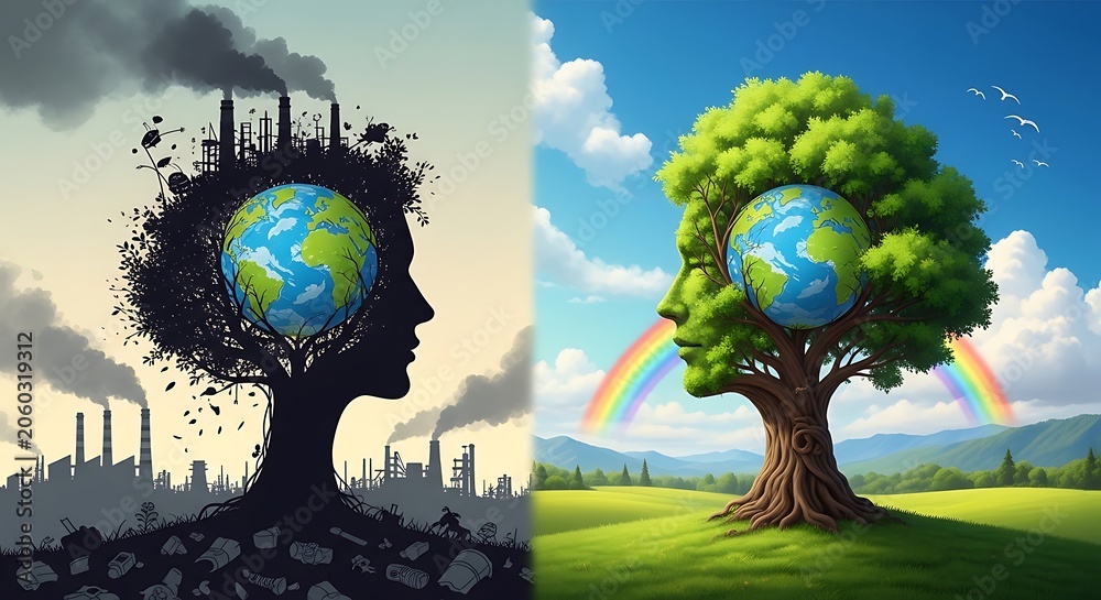 Naklejka premium Comparison of polluted and healthy earth with human face tree silhouettes