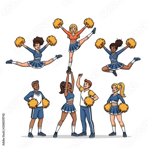 Cheerleader team performing acrobatic stunts illustration.