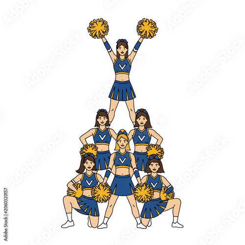Cheerleaders in Pyramid Formation with Pom-poms