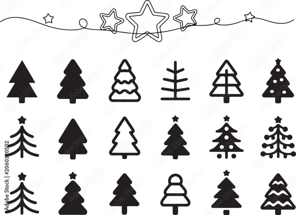 Obraz premium Collection of various christmas tree icons and decorative stars in simple line art for festive seasonal design