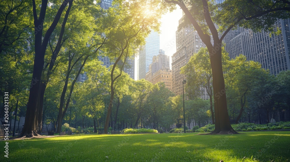 Obraz premium Sunlight beams through lush trees in an urban park with towering city skyscrapers in the background