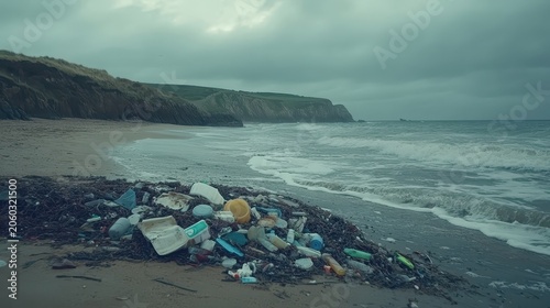 Accumulation of plastic pollution and waste on a rural beach shore with a cloudy coastal backdrop