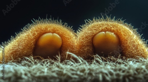 Close up detailed view of two orange sea urchins showing their spines and tube feet on the ocean floor