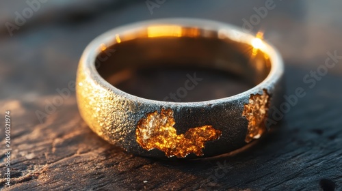 Close-up macro view of a textured metal ring with intricate gold leaf detailing resting on a wooden surface, showcasing detailed craftsmanship and rich materials.