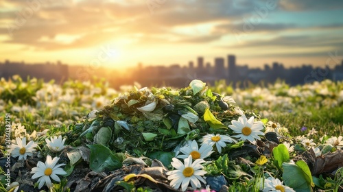 Compost heap in a vibrant meadow with a city skyline at sunrise, symbolizing urban sustainability initiatives and the cycle of renewal