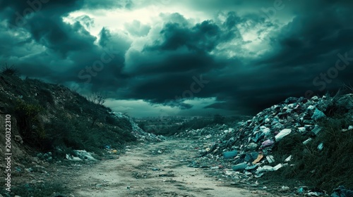 Dramatic landscape of illegal dumping with vast waste piles under cloudy, ominous skies and an urban backdrop.