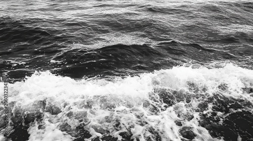 Dramatic monochrome ocean waves and sea spray captured in constant motion, evoking the powerful ebb and flow.
