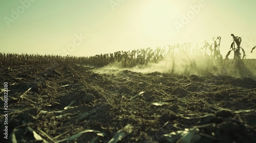 Dust rising from dry, neglected farmland with wilted crops under bright daylight