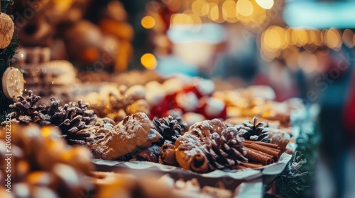 Festive Christmas market sweets dusted with sugar and cinnamon sticks in natural light, offering a warm holiday atmosphere.