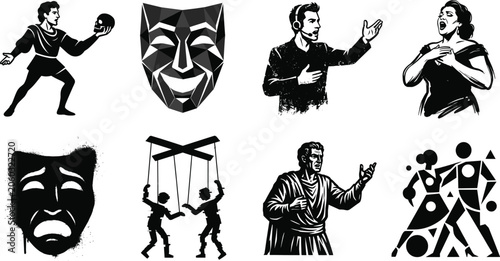 Photos Theater and Performing Arts Vector Icon Set Featuring Comedy Tragedy Masks Puppe