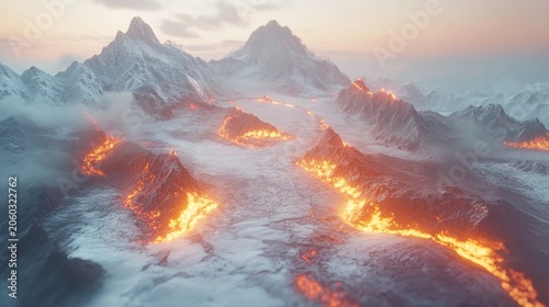 Fiery Lava Flows Through Snow Capped Mountains in Dramatic Aerial View