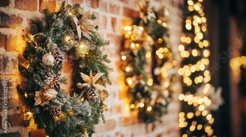 Festive Christmas wreaths adorned with pinecones and lights hang on a warm, brick wall, creating a cozy holiday atmosphere.