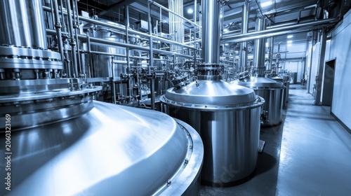 Intricate industrial processing machinery with interconnected pipes and large stainless steel tanks within a modern factory setting