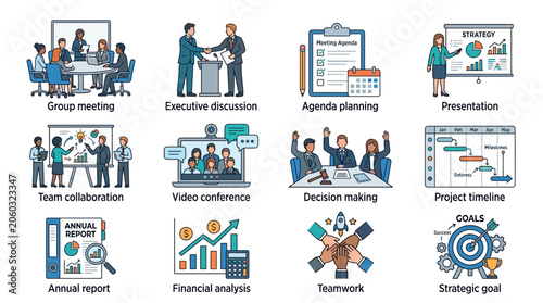 Business Concepts Icons: Meeting, Teamwork, Analysis, Strategy, Presentation