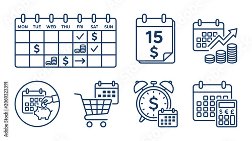 Business Finance and Planning Icons - Calendar, Money, Savings, Shopping, Alarm