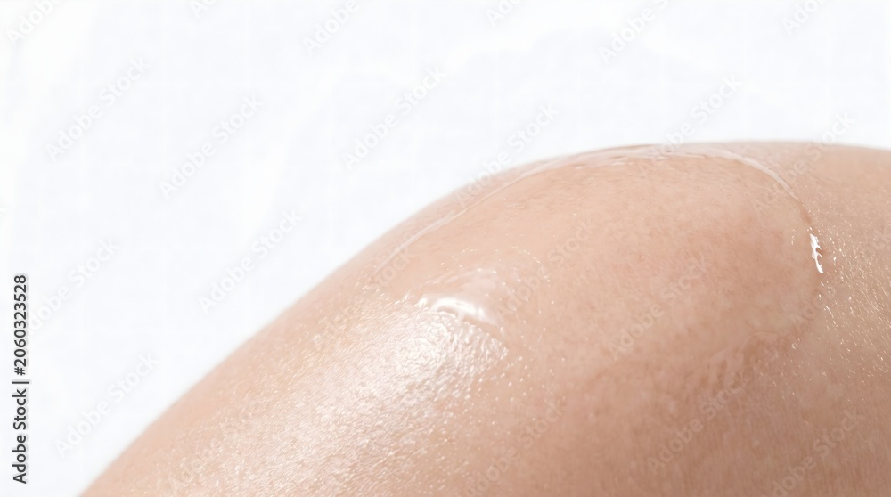 Fototapeta premium Macro clear gel drop spreading on bare human skin over white background