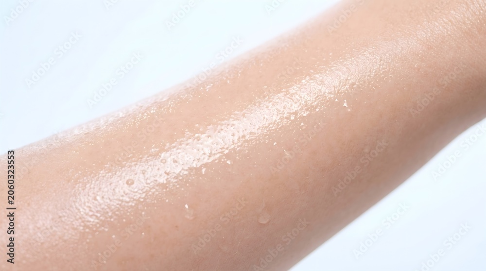 Fototapeta premium Wet skin texture on human arm covered in clear liquid drops and moisture