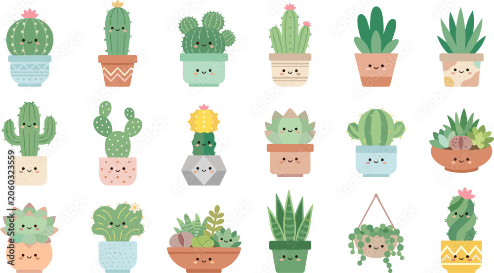 Fototapeta premium Cute Kawaii Cactus and Succulent Potted Plant Character Set with Happy Smiling Faces for Kids Sticker Sheets, Badges, and Creative Nursery Room Decor