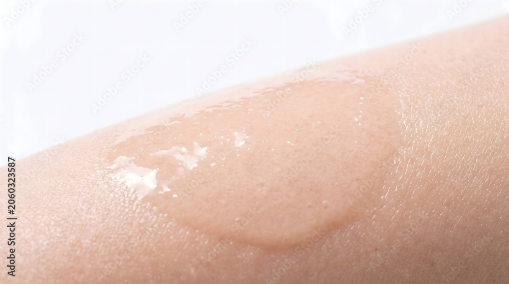 Fototapeta premium Extreme macro shot of clear sticky gel smeared on bare human skin texture