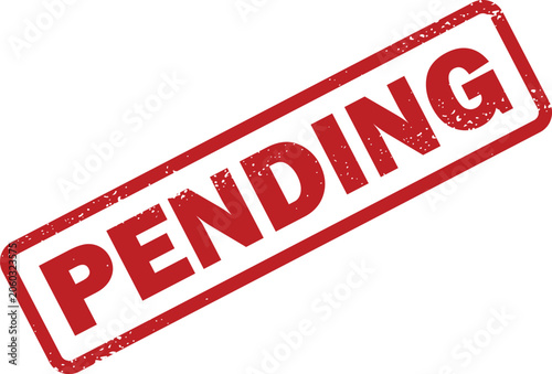 Foto Vivid red rubber stamp with word PENDING indicating an awaiting or undecided sta