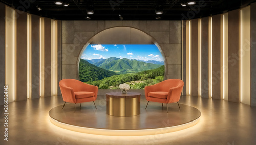 Modern television studio set with professional interview stage and contemporary broadcast environment designed for media production communication presentations corporate broadcasting and live discussi