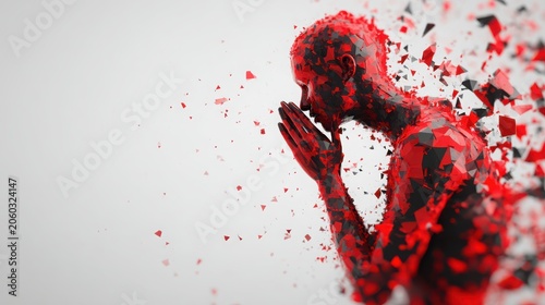 A fragmented, red silhouette of a person in a praying position, composed of geometric shapes, symbolizing emotional intensity or transformation.