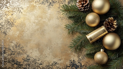 Vintage Christmas Holiday Decorations with Golden Ornaments and Fir Branches on Textured Background