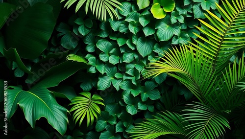 Vibrant tropical foliage with lush green leaves and palm fronds in a dense arrangement