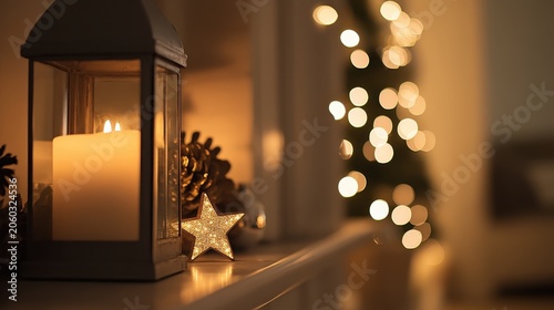 Warm Christmas decorations including a lantern, star, and pinecone on a mantelpiece with blurred festive lights