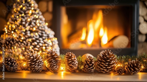 Warm Christmas Fireplace With Pinecone Garland And Twinkling Lights Creates A Cozy Holiday Ambiance