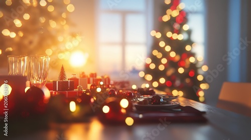 Warmly lit Christmas dinner table setting with festive decorations and gifts, capturing the holiday spirit