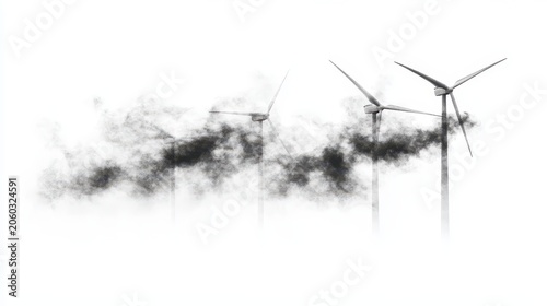 Wind turbines emerging from industrial pollution, representing a contrast between clean energy and environmental challenges, isolated with a high contrast effect