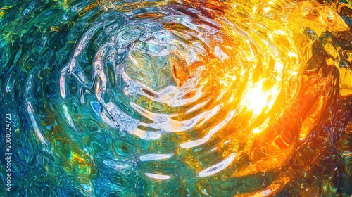 Vibrant iridescent oil slick swirling in sunlit polluted water creating abstract colorful patterns