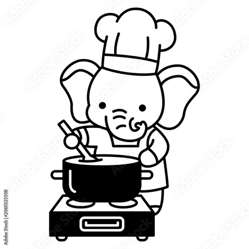 Cute Elephant Cooking in Outline Style for Mascot and Cartoon Design. Cute Elephant icon