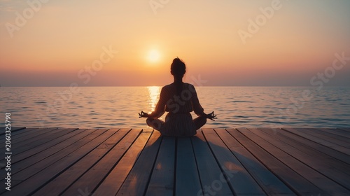 Woman practicing yoga by the seashore, meditating in lotus pose
