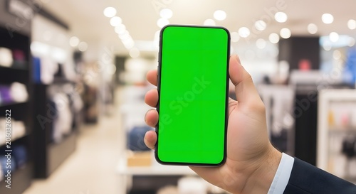 Hand Holding a Smartphone with Green Screen in a Retail Store.