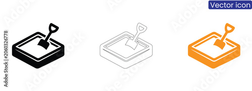 Bild auf Leinwand Vector icons of shovel in sandbox on white background in black, Line art, And or