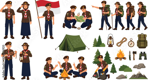 Indonesian Pramuka Scout Character Vector Set with Outdoor Camping Activities, Flag Raising, Hiking, Map Navigation, and Survival Equipment Icons for Educational Materials