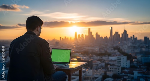 Man Working on Laptop Overlooking City Skyline at Sunset.