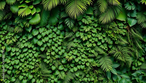Vibrant green foliage wall with various leafy plants and ferns densely packed