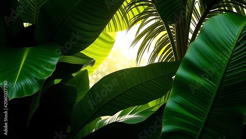 Vibrant tropical leaves with sunlight shining through the green foliage