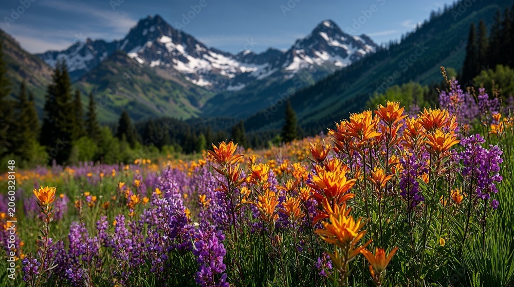 Fototapeta premium Beautiful alpine mountain meadow filled with blooming orange and purple wildflowers under blue sky
