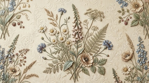 Elegant floral embroidery design with botanical elements