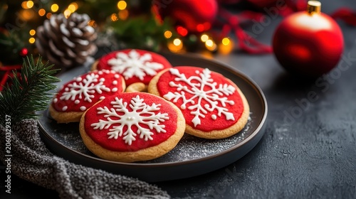 Beautifully decorated Christmas cookies with intricate white snowflake designs on a festive plate, perfect for holiday gatherings