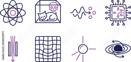 Canvastavla Quantum Mechanics and Theoretical Physics Line Icon Set with Atom Experiment Cat