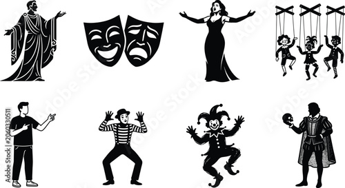 Theater and Performing Arts Silhouette Set Featuring Comedy Tragedy Masks Opera Singers Puppets Mimes and Jester Icons