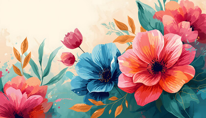 Watercolor floral border background with pink and blue anemone flowers. Elegant spring botanical banner template with copy space. Pastel flower bouquet vector illustration.