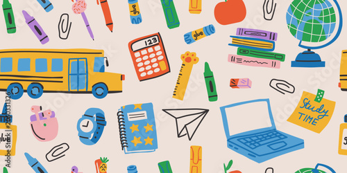 Seamless school routine pattern with a yellow school bus, notebooks, globe, calculator, laptop, sticky notes, books, and colorful school supplies on a light background, cheerful back to school repeat
