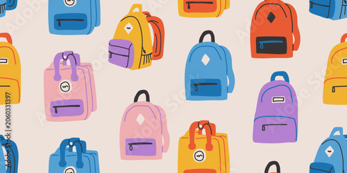 Seamless school backpack pattern with colorful student backpacks in a modern minimalist style on a light background, versatile back to school repeat design for kids fabric, classroom decor, wallpape