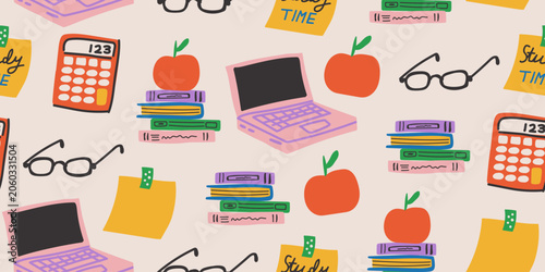 Seamless academic study pattern with books, calculator, sticky notes, computer, glasses, and apple on a light background, educational repeat design for students, classrooms, high school, college